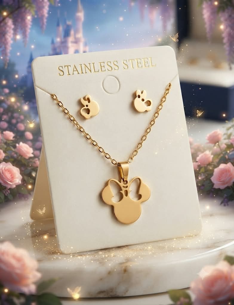 Conjunto Minnie Mouse acero inoxidable dorado colgante pendientes tarjeta Stainless Steel