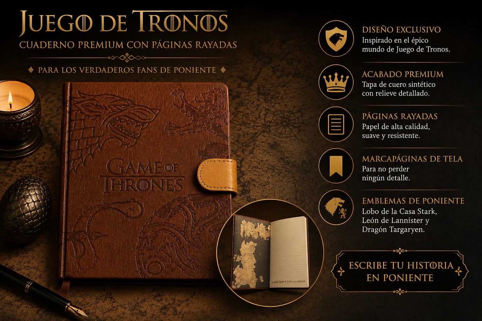 Cuaderno Premium Juego de Tronos — Típica Cuero Sintético Páginas Rayadas