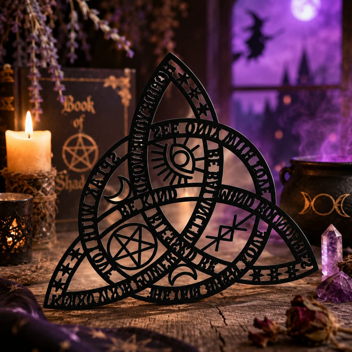 Figura decorativa de metal negro calado con triquetra y símbolos místicos estilo bruja wicca