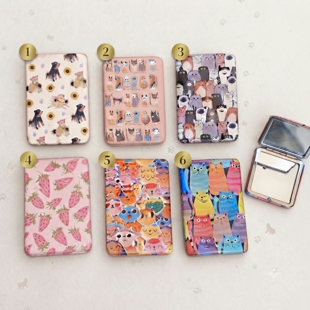 Espejo doble plegable kawaii 6 diseños gatos perros fresas compacto