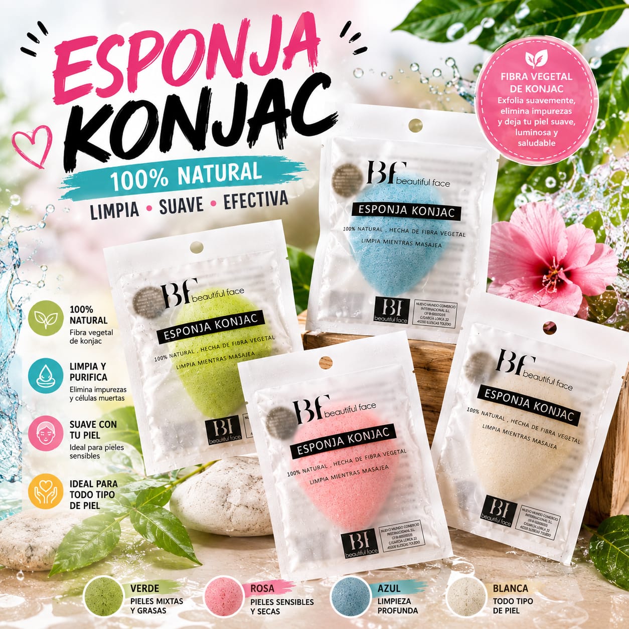 Esponja Konjac 100% Natural Beautiful Face - 4 colores verde rosa azul blanca