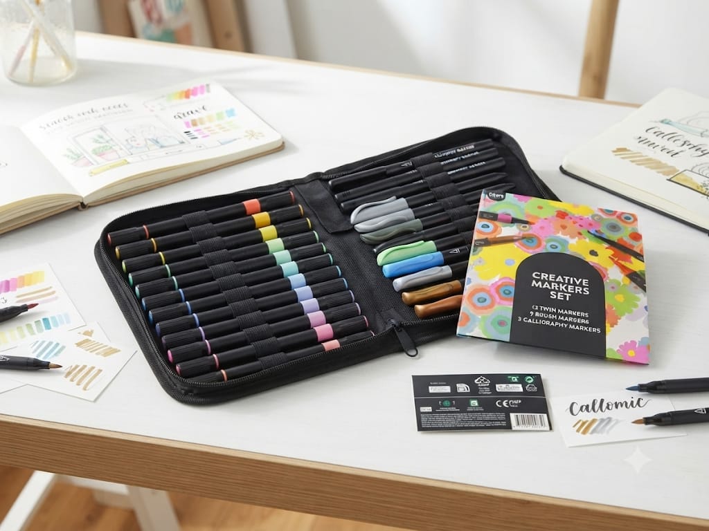 Set Creative Markers abierto con 24 rotuladores Twin Brush y Calligraphy en estuche negro