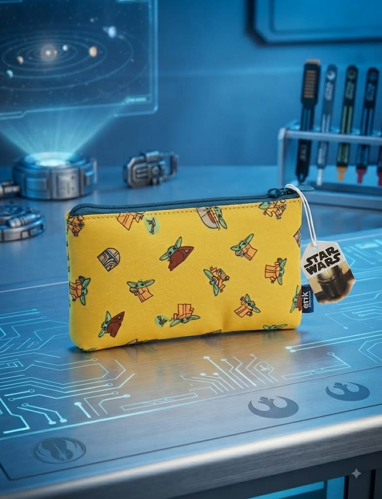 Estuche Star Wars amarillo abierto mostrando interior amarillo y cremallera azul