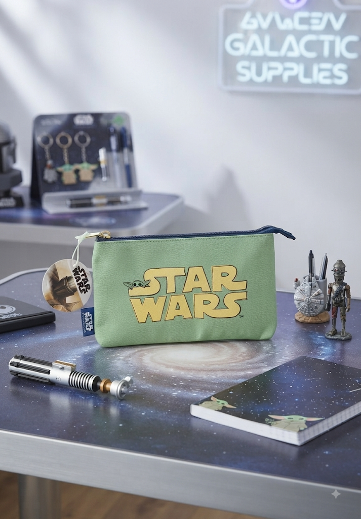 Estuche Star Wars verde con logo dorado en escritorio galáctico