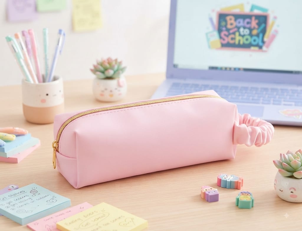 Estuche Básico Rosa Polipiel Cremallera Dorada