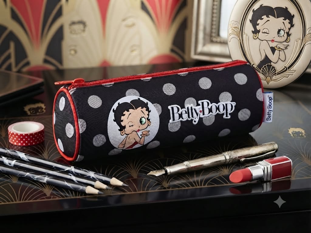Estuche cilíndrico Betty Boop lunares negro plateado cremallera roja licencia oficial
