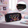 Estuche K-Pop doble compartimento negro con ilustración neón