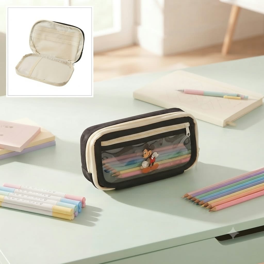 Estuche Mickey Mouse con ventana transparente y doble compartimento