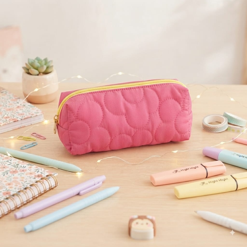 Estuche Acolchado Rosa Kawaii Flores en Relieve con cremallera dorada