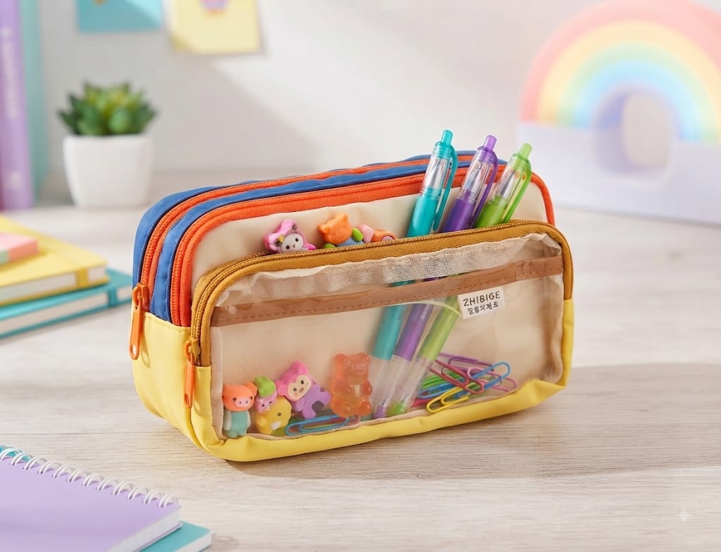 Estuche Triple Kawaii Tricolor Zhibige - Amarillo, naranja y azul con ventana transparente