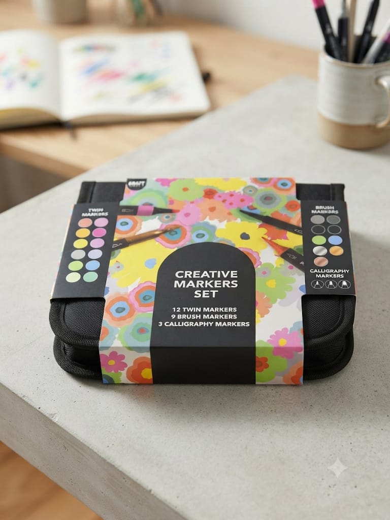 Set Creative Markers cerrado en su caja con diseño floral colorido