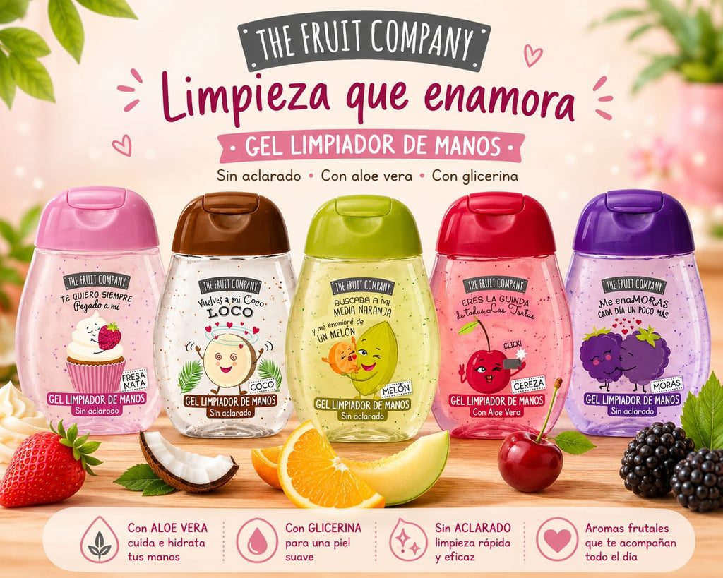 Gel limpiador de manos The Fruit Company 5 aromas fresa coco melón cereza y moras sin aclarado con aloe vera