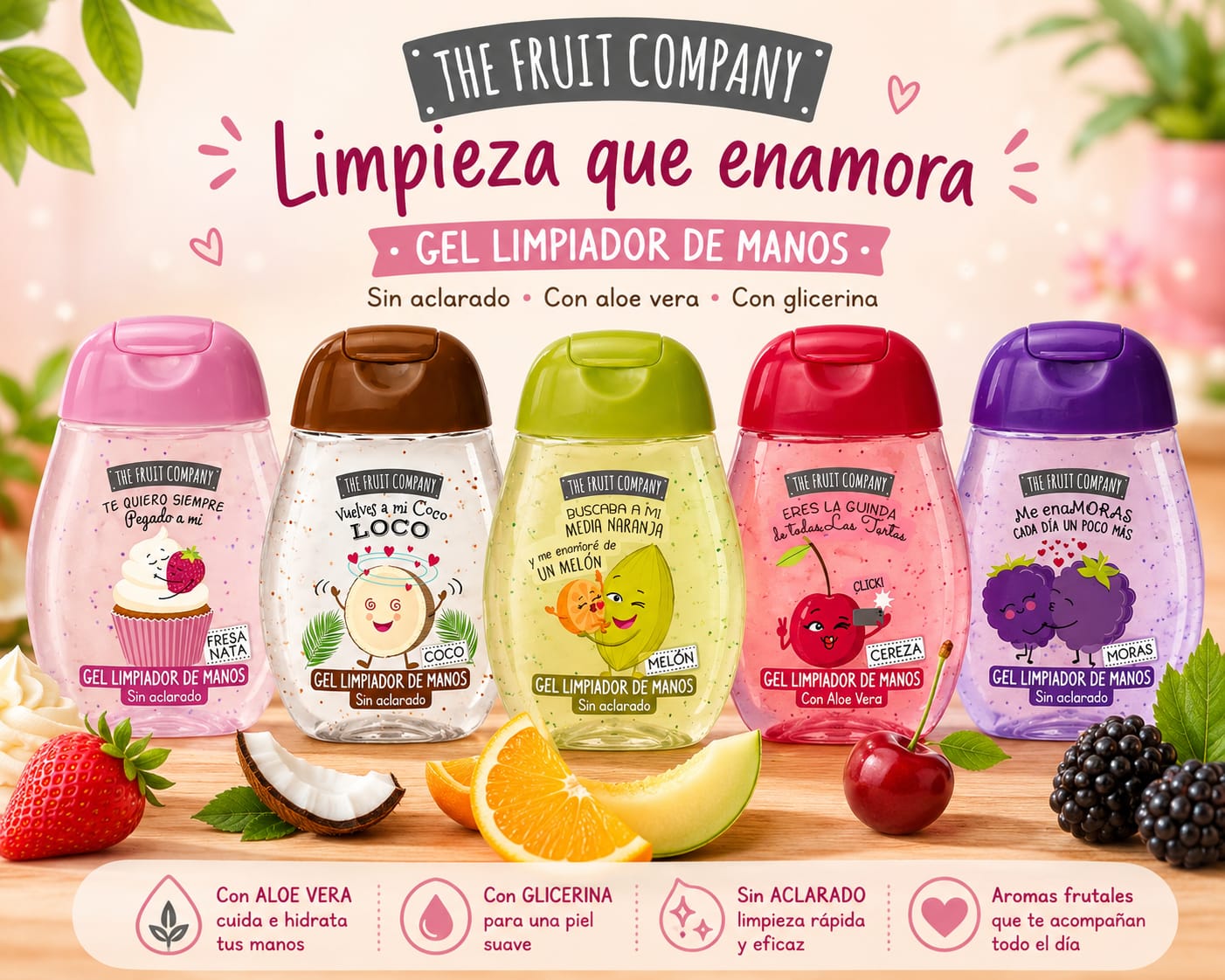 Gel limpiador de manos The Fruit Company 5 aromas fresa coco melón cereza y moras sin aclarado con aloe vera