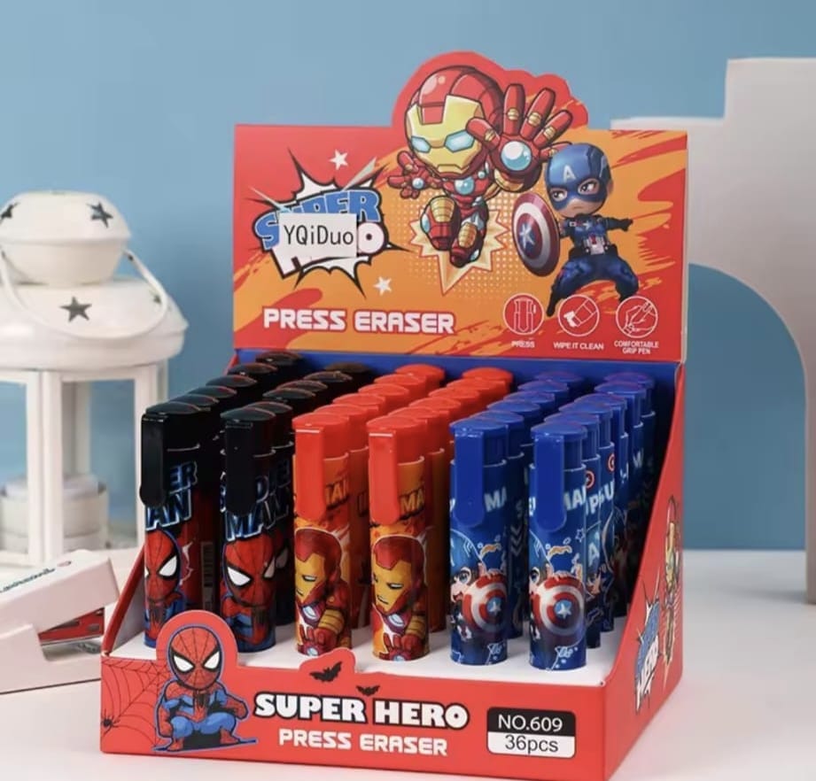 Goma de Borrar Press Eraser Super Heroes - Spider-Man, Iron Man, Capitán América