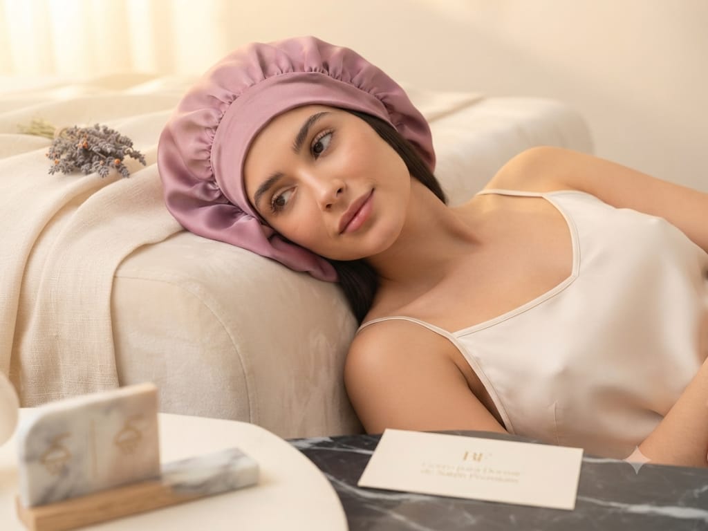 BF Gorro para Dormir de Satén Premium - modelo con gorro malva