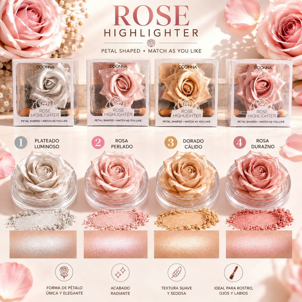 Rose Highlighter D'Donna - Tonos Plateado, Rosa Perlado, Dorado y Rosa Durazno con swatches