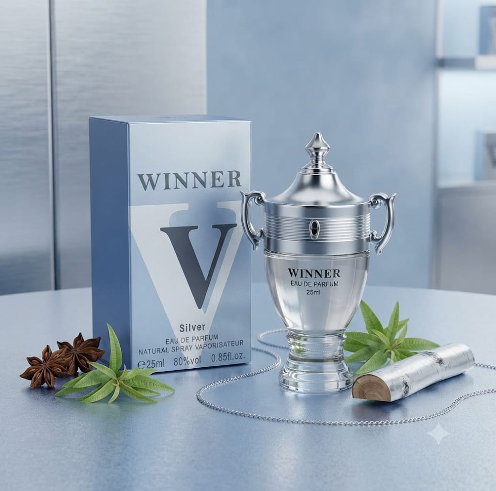 Winner Silver Eau de Parfum 25ml frasco trofeo plateado con estuche azul