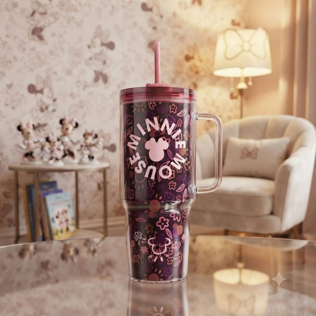 Jarra tumbler Minnie Mouse con asa y pajita diseño floral morado