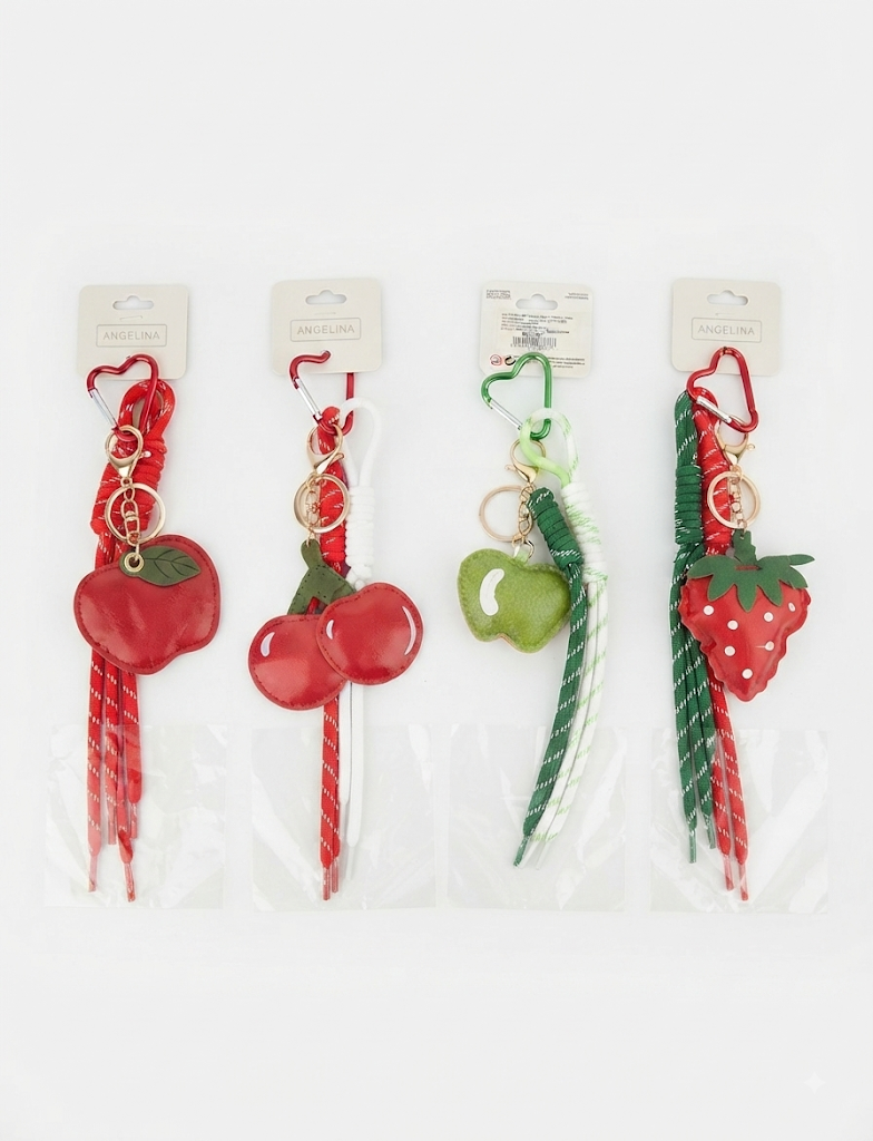 Llaveros kawaii de frutas con cordón trenzado - 4 diseños: manzana, cerezas, manzana verde y fresa