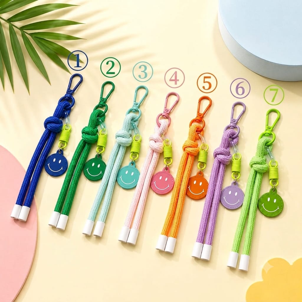 Llavero Smile Cordón Nudo — Charm Carita Feliz Multicolor