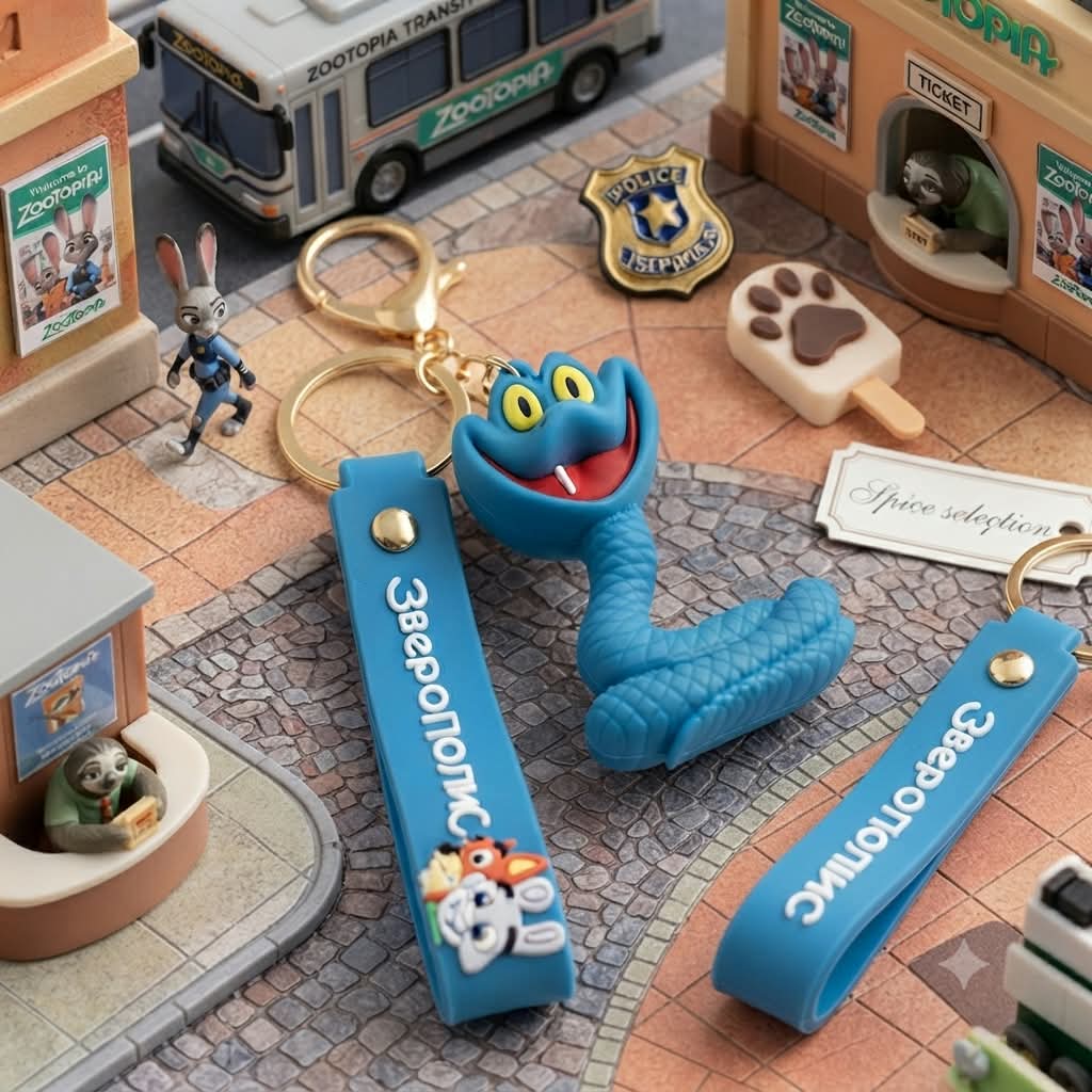 Llavero 3D Zootopia serpiente azul con correa silicona y mosquetón dorado Disney