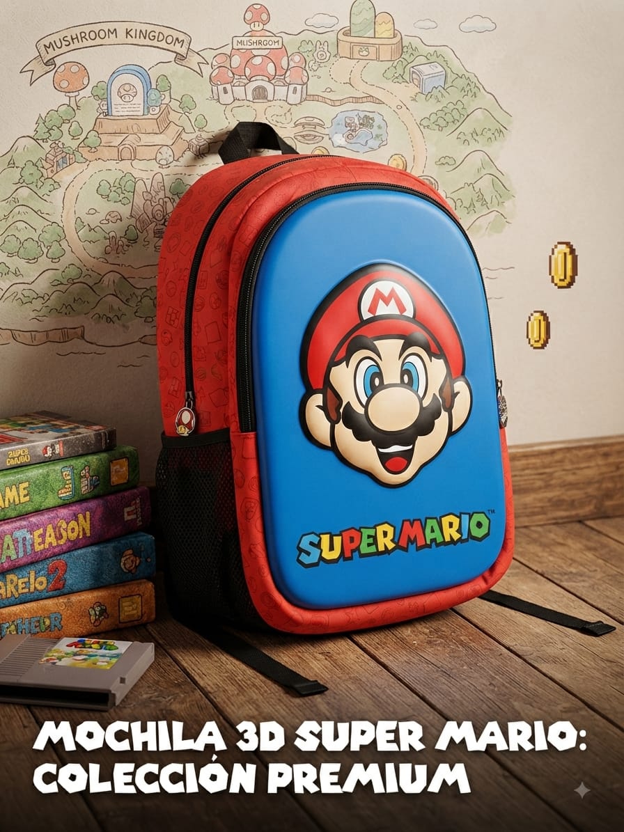 Mochila 3D Super Mario Premium Nintendo - Frontal en relieve rojo y azul