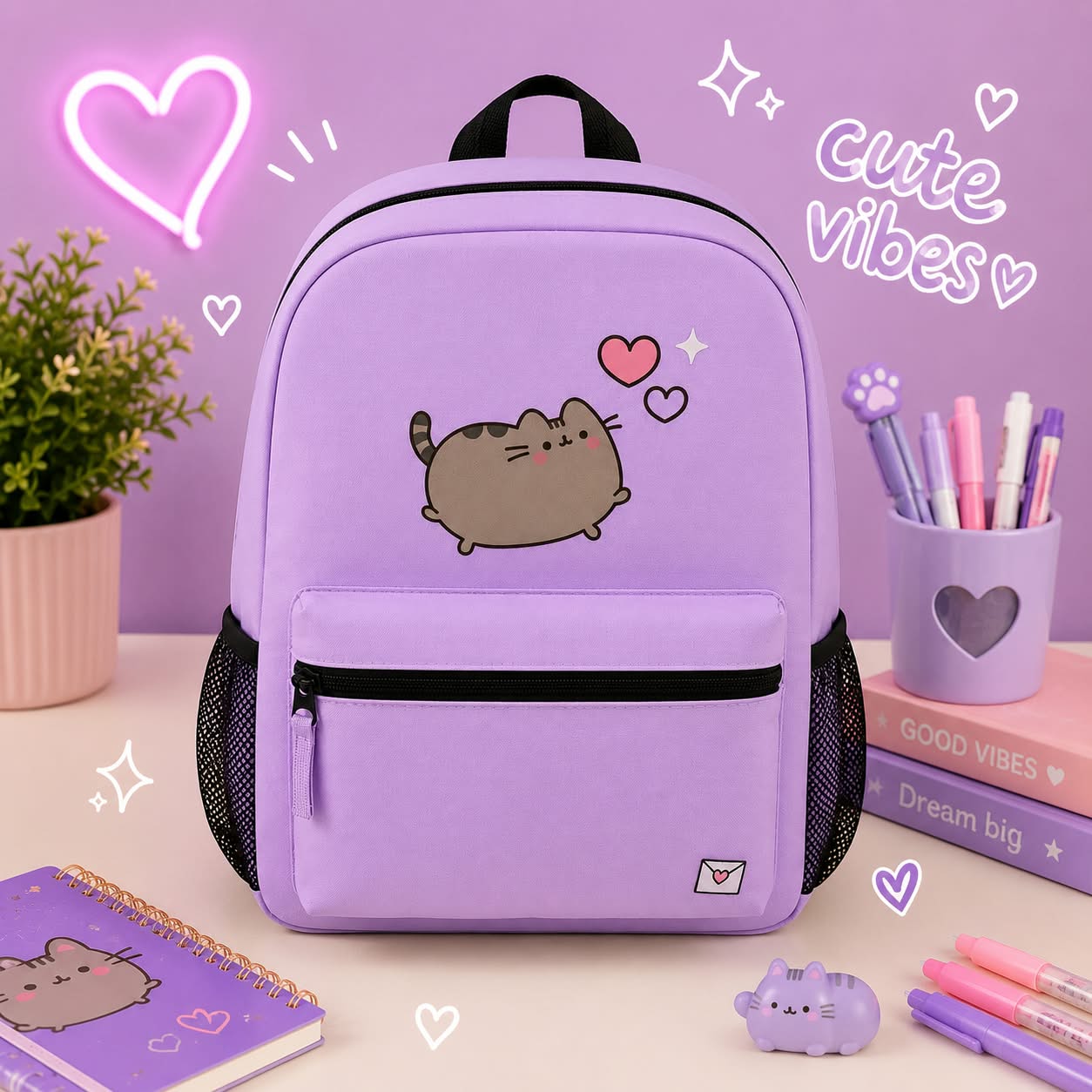 Mochila Pusheen lila kawaii con ilustración de gata y corazones