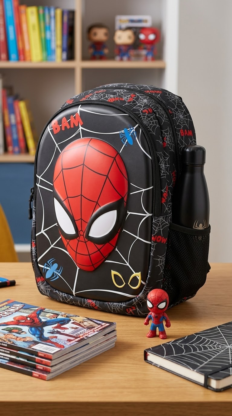 Mochila Spider-Man 3D Premium con máscara en relieve sobre fondo negro con tela de araña