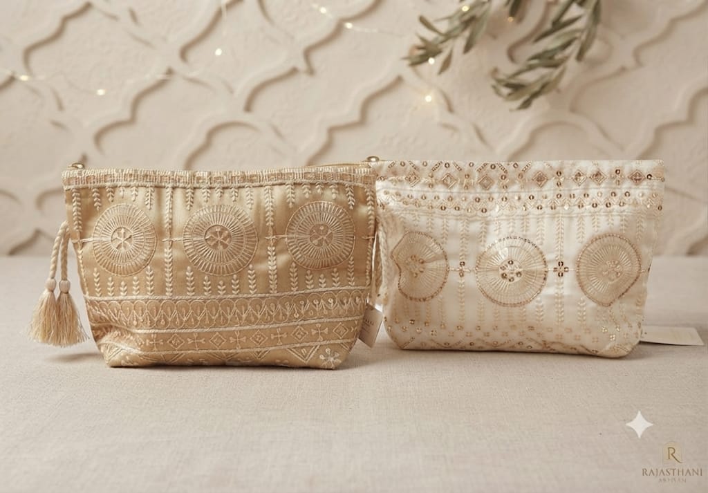 Neceser artesanal bordado rajasthaní dos modelos dorado y crema