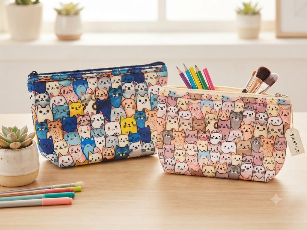 Neceser gatos kawaii estampado gatitos acuarela multicolor fondo azul y rosa