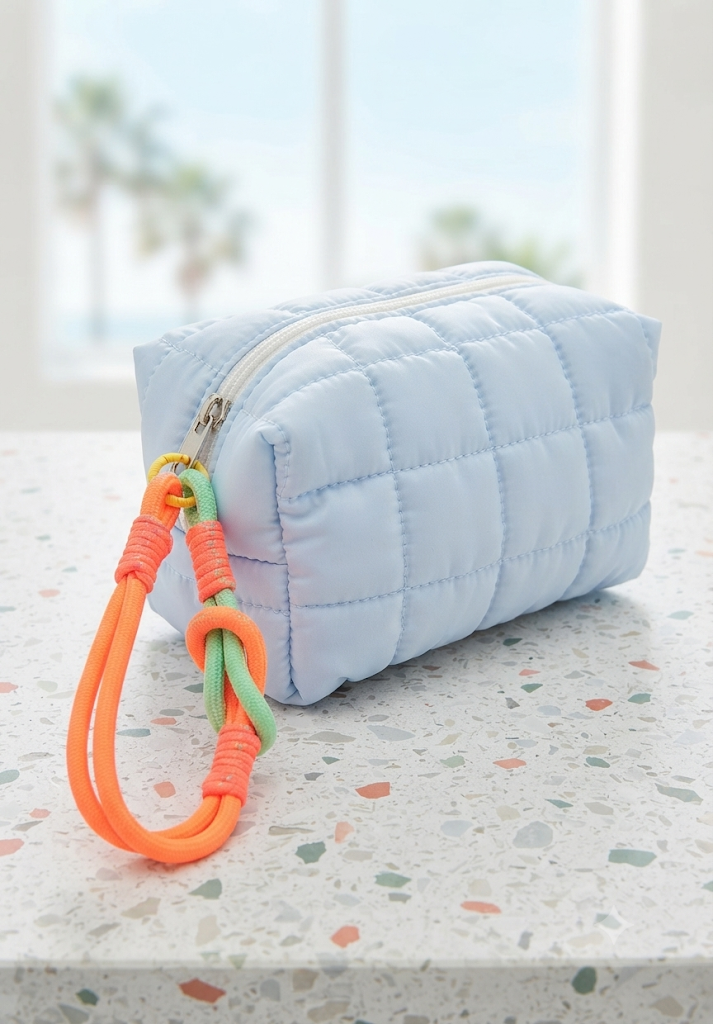 Neceser acolchado quilted azul celeste con llavero neon naranja y verde mint cremallera blanca