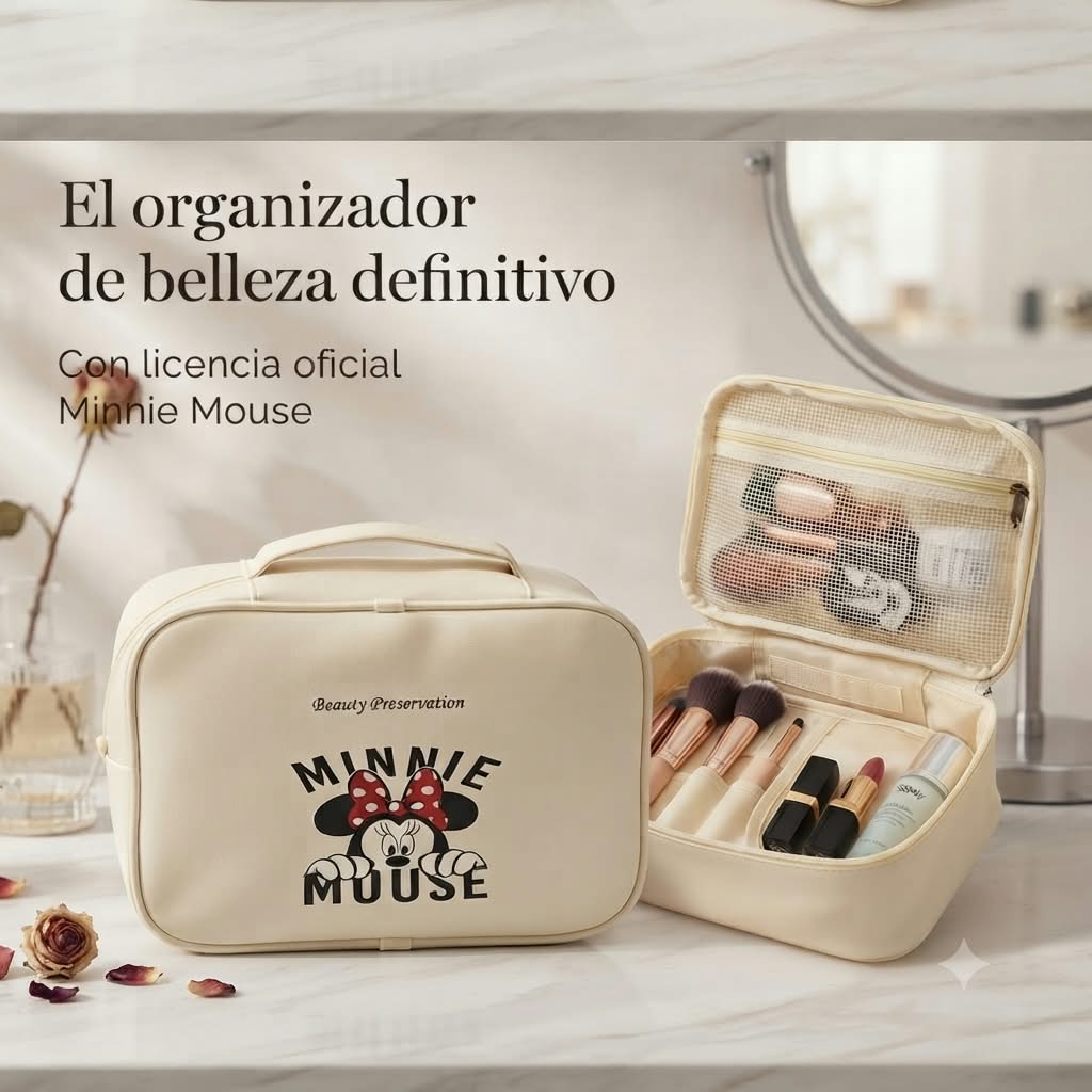 Neceser maletín Minnie Mouse crema Beauty Preservation Disney abierto con brochas organizador belleza