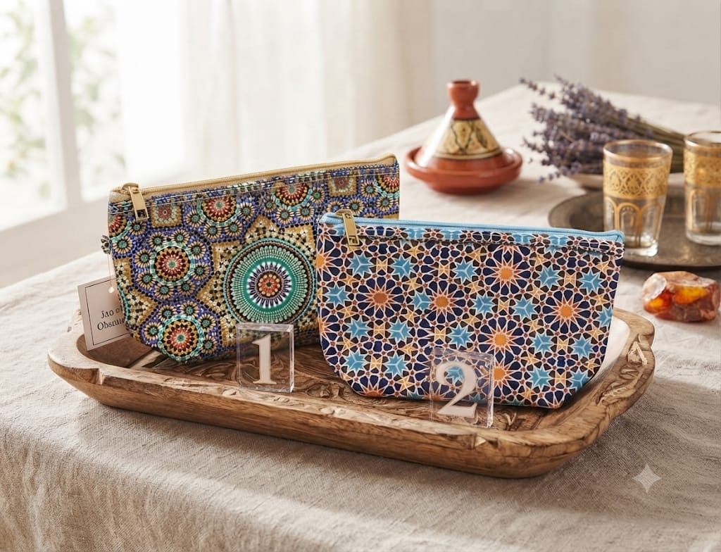 Neceser mosaico oriental árabe estampado geométrico azul verde y dorado con cremallera dorada