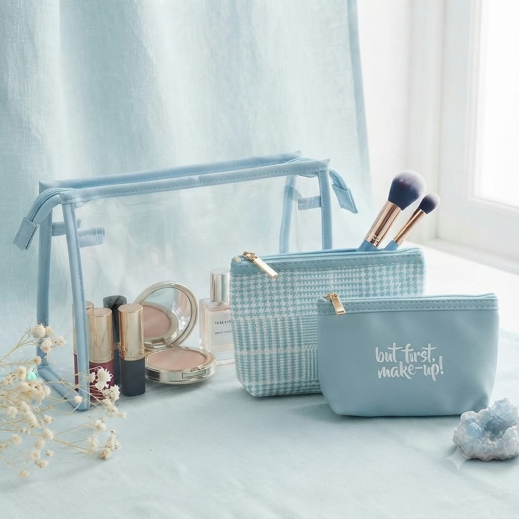 Set neceser But First Make-Up pack 3 piezas azul transparente pata de gallo