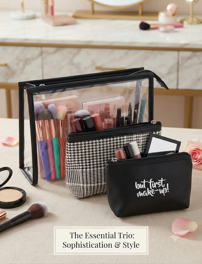 Set neceser But First Make-Up pack 3 piezas negro transparente pata de gallo