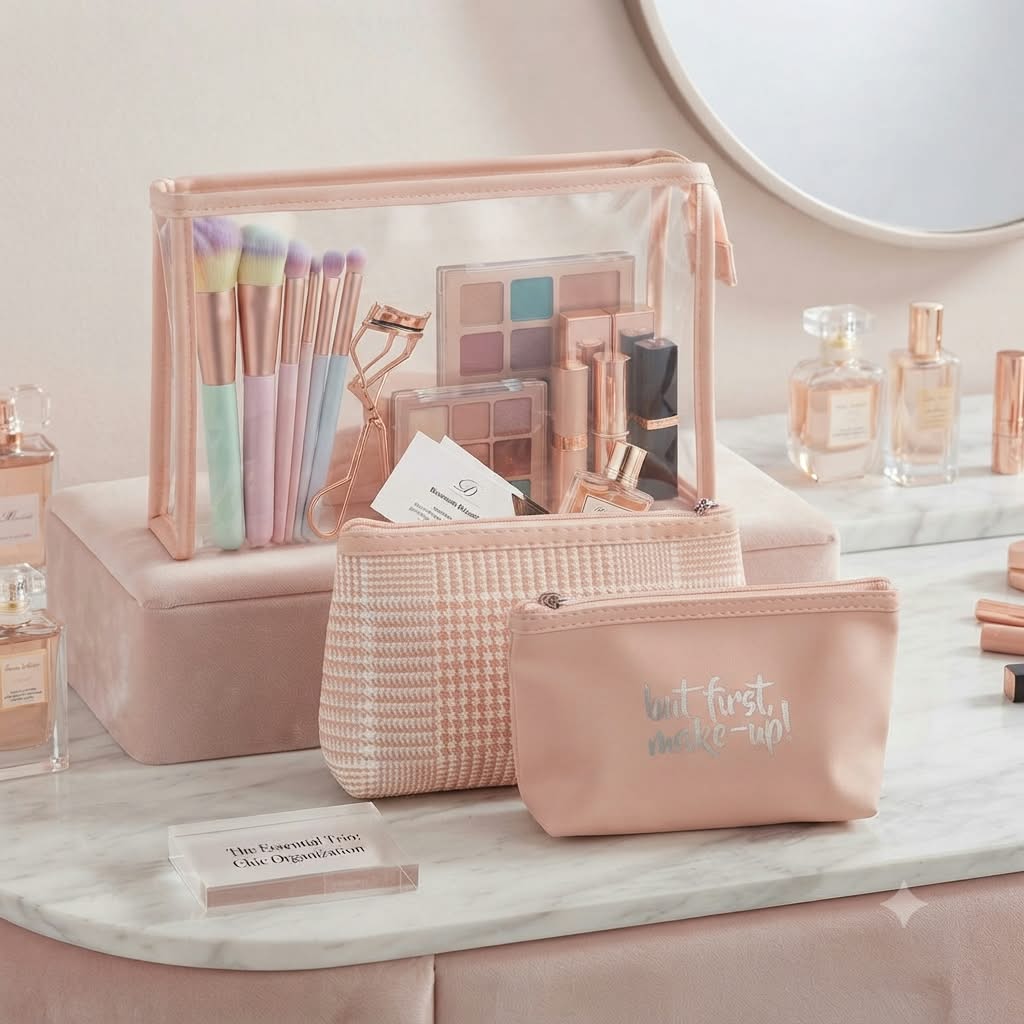 Set neceser But First Make-Up pack 3 piezas rosa transparente pata de gallo