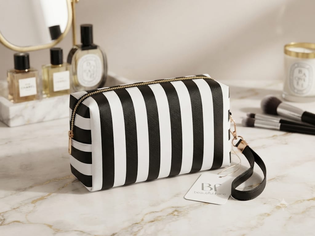 Neceser rayas negro y blanco con cremallera dorada