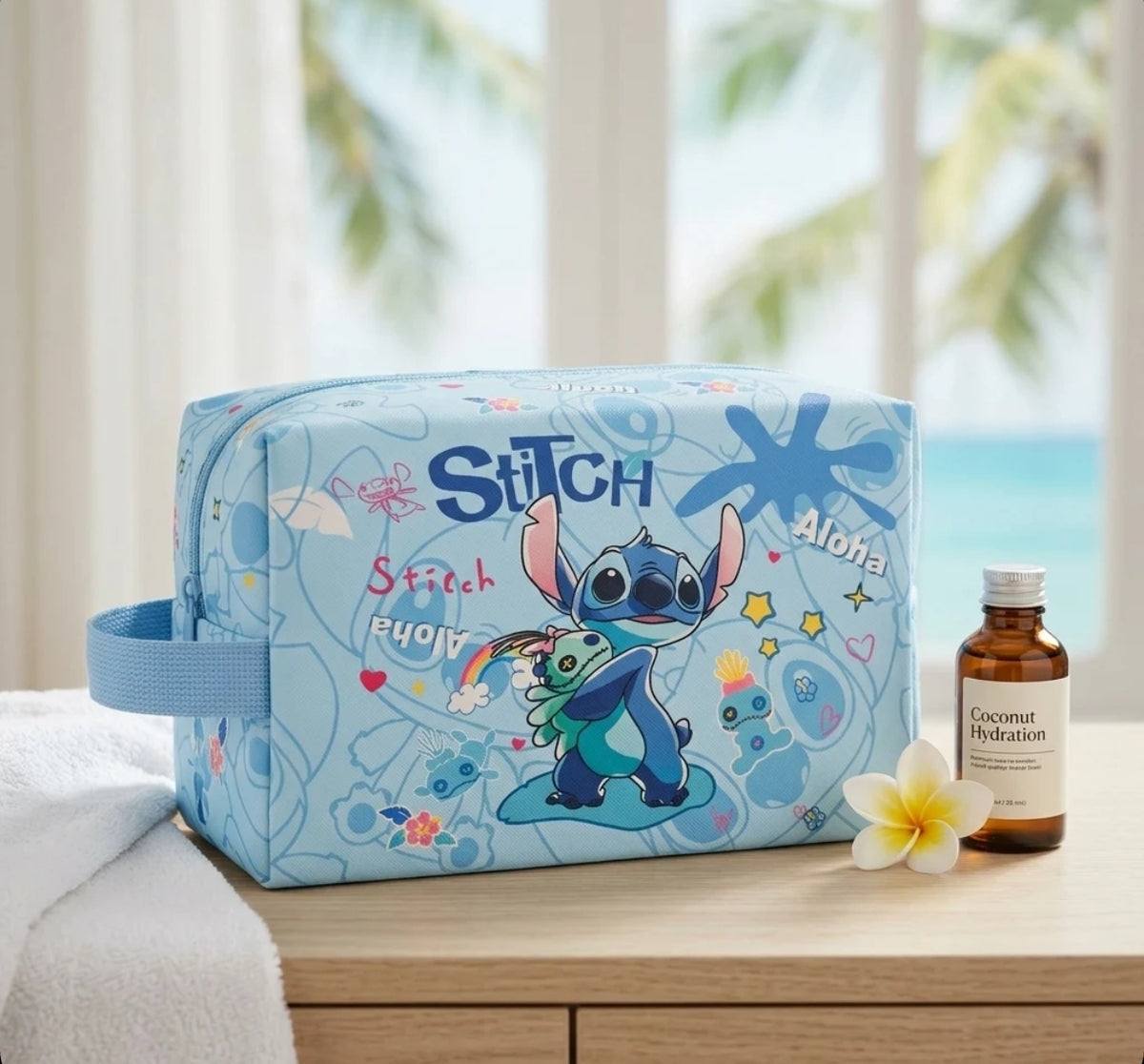 Neceser Stitch Aloha azul celeste full print con muñeco Scrump estrellas flores Disney