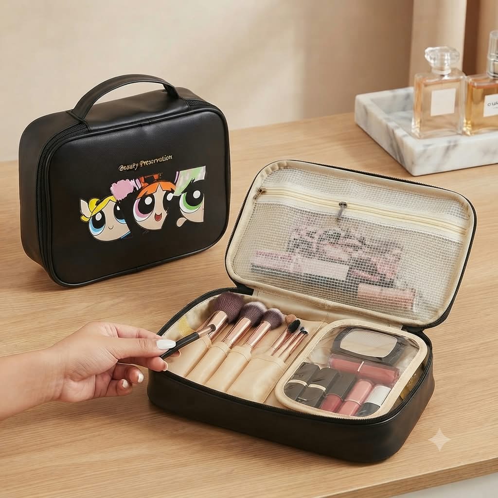 Neceser maletín Super Nenas Powerpuff Girls negro abierto con brochas y maquillaje organizador