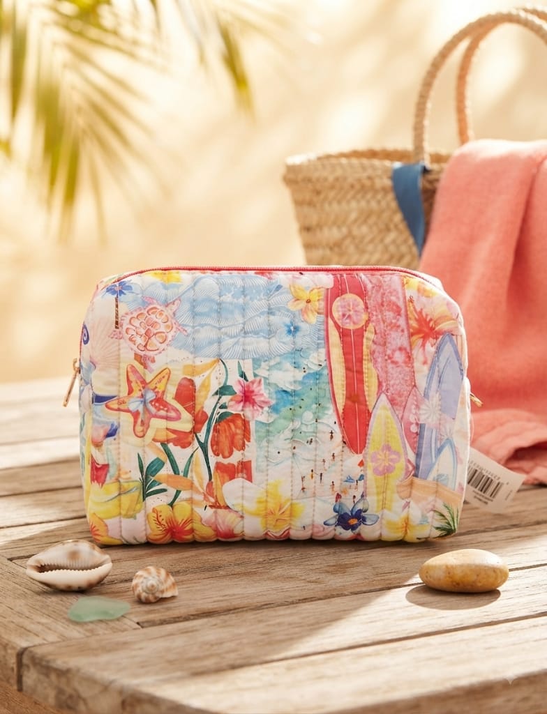 Neceser Acolchado Veraniego Estampado Floral Tropical con cremallera roja