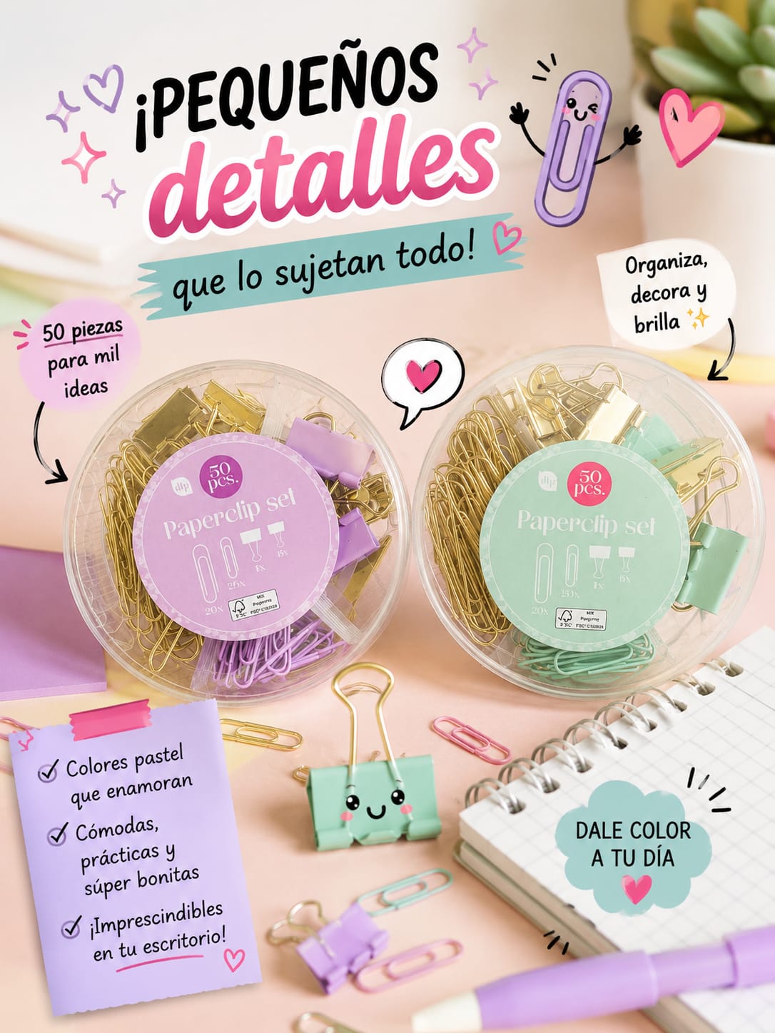 Pack Clips y Pinzas Pastel — Paperclip Set 50 Piezas
