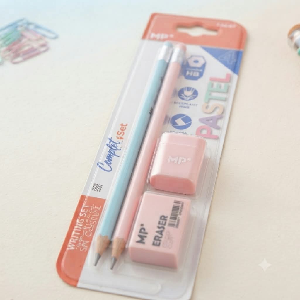 Set escritura pastel MP lápiz mecánico lápiz madera 2 gomas borrar rosa pastel