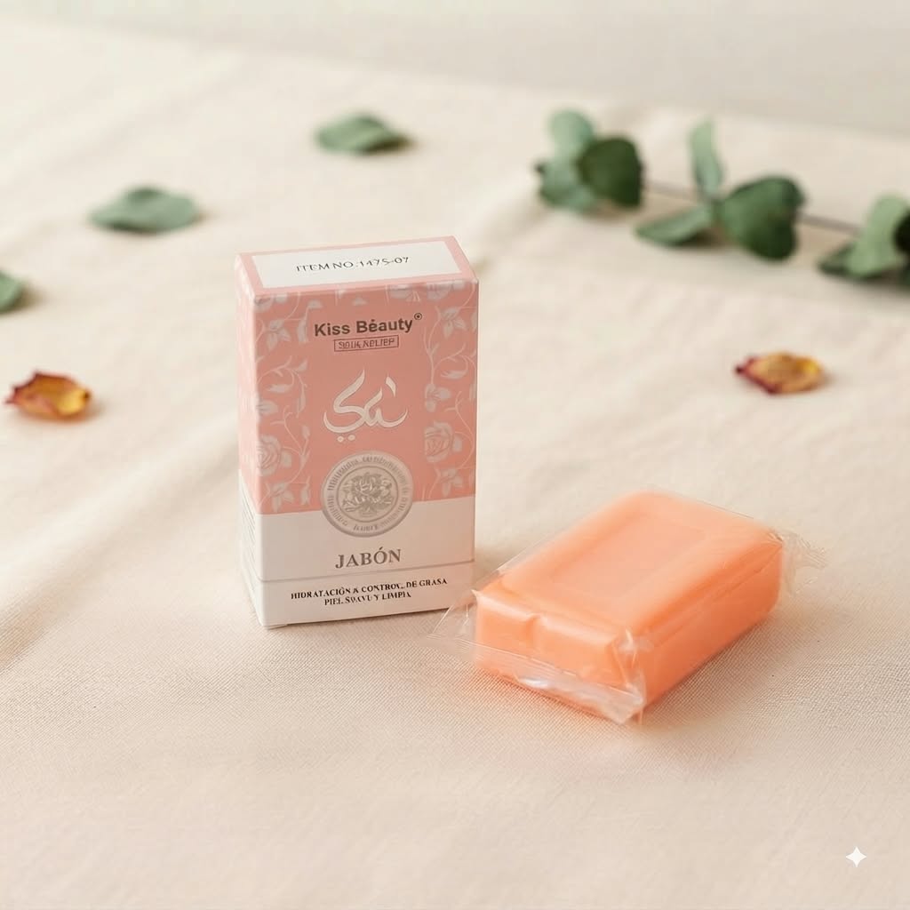 Jabón Kiss Beauty Skin Clinic Yara - Pastilla rosa con caja rosa y diseño árabe