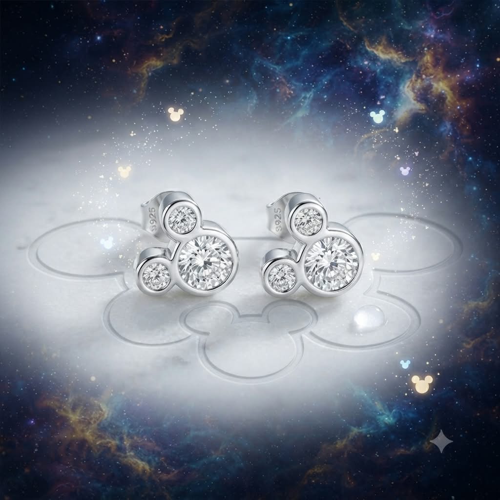 Pendientes Mickey Mouse circonita plata S925 tres circonitas brillantes fondo galaxia Disney