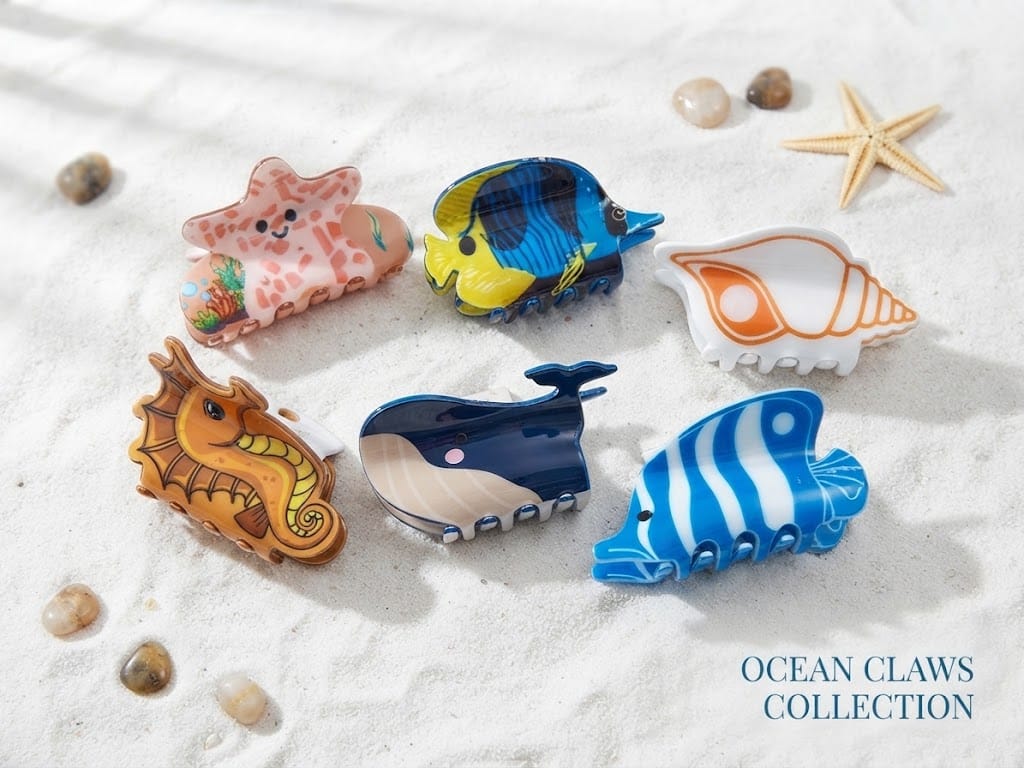 Ocean Claws Collection set 6 pinzas de pelo marinas - estrella, pez, caracola, caballito, ballena