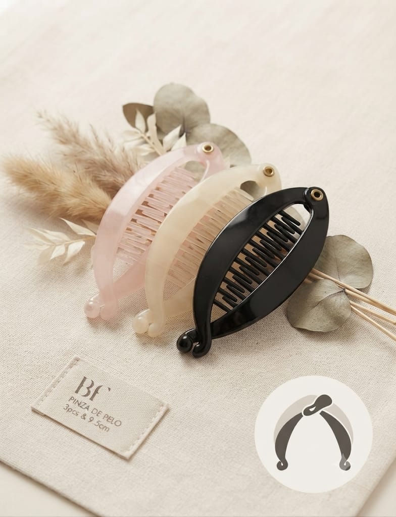 BF Pinza de Pelo Tipo Pescado Pack 3 unidades 9,5cm - negro, crema y rosa