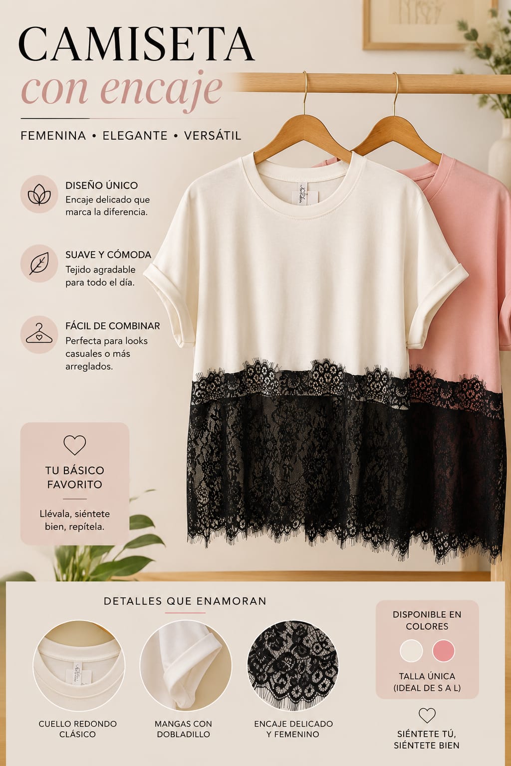 Camiseta con Encaje - Talla Única (46-48)