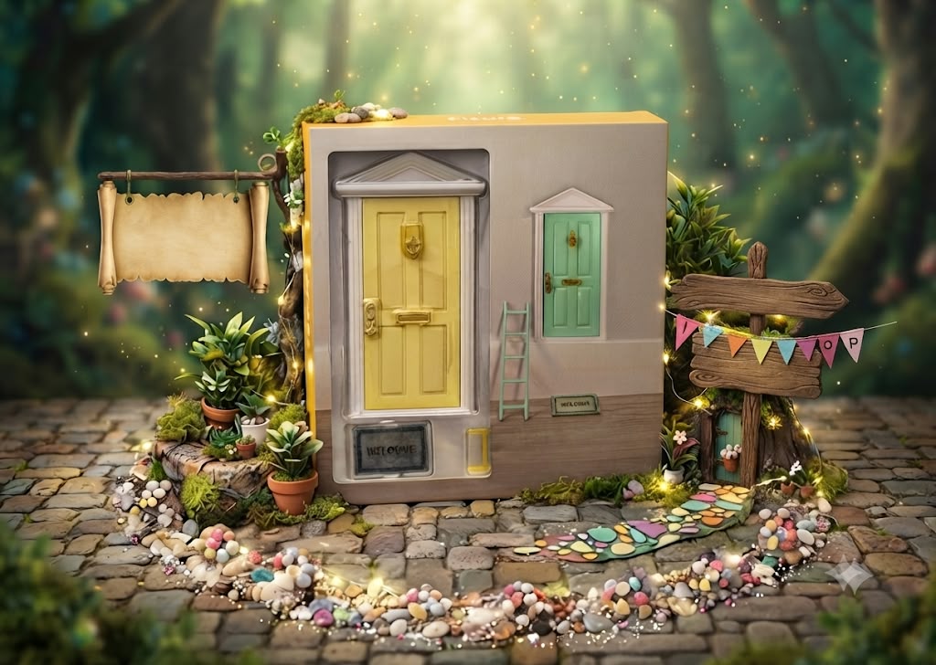 Puerta del Ratón Pérez mágica con bosque encantado, luces y puertas amarilla y verde menta