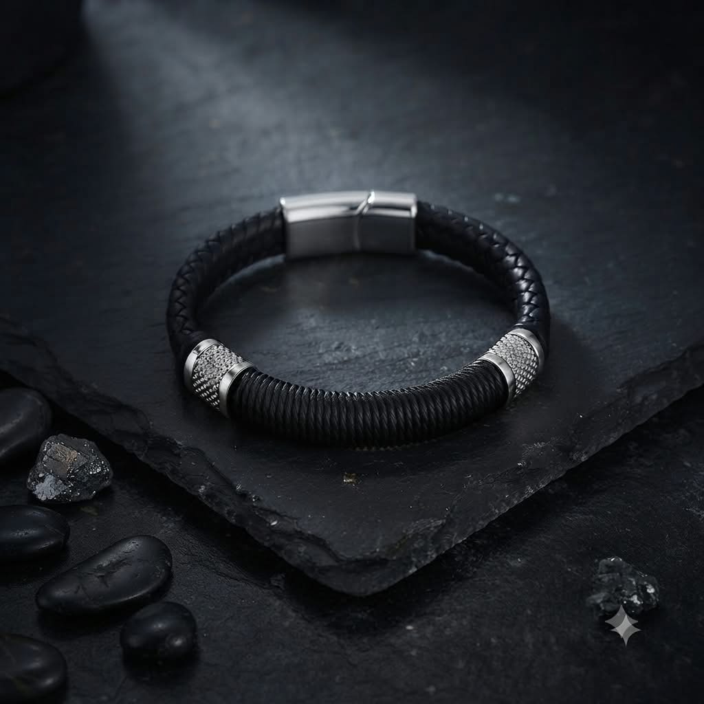 Pulsera Cuero Trenzado Negro con Detalles Acero Inoxidable