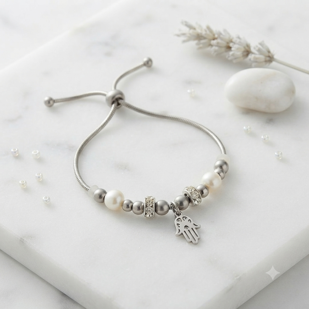 Pulsera perlas blancas con charm Mano de Fátima y aros strass sobre mármol con lavanda